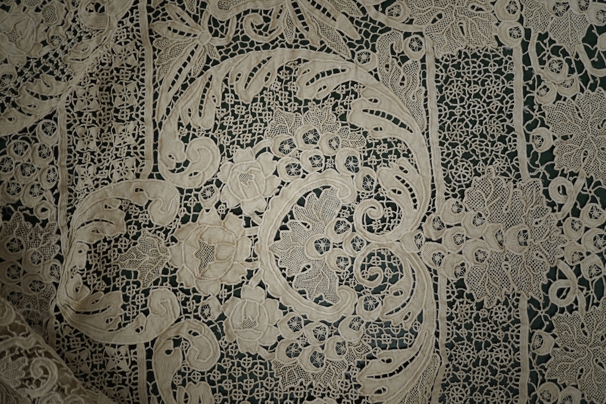 A 20th century lace bedcover, in Burano style lace. 276cm x 172cm